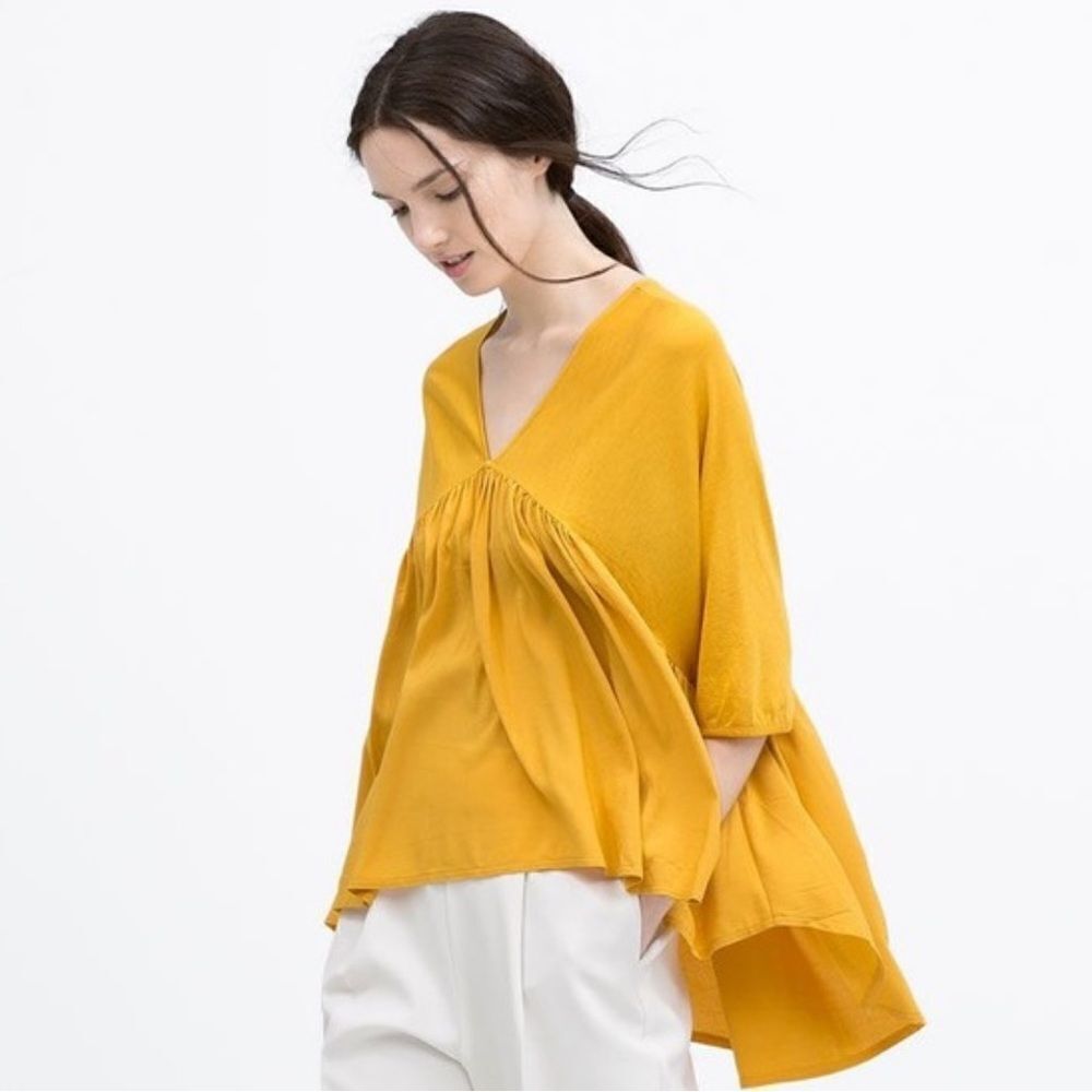 ZARA Mustard Yellow V Neck BABYDOLL RUFFLE PLEATED DRAPE HI LOW Sz-Small